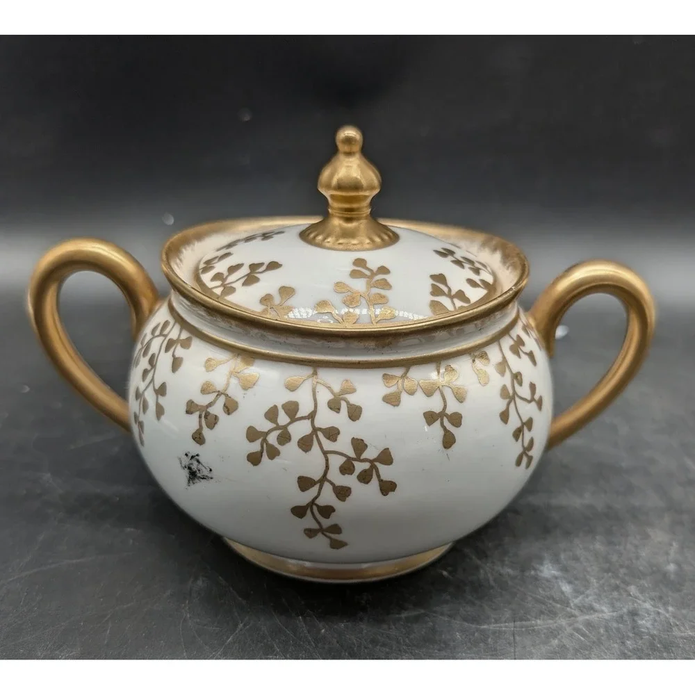 Antique Limoges Lycett France Gold Leaf Porcelain Teapot Sugar Creamer Set 3pc